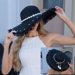 Black Wide Brim Straw Hat Pearl Band Elegant Vacation with Tulip Charms NWT